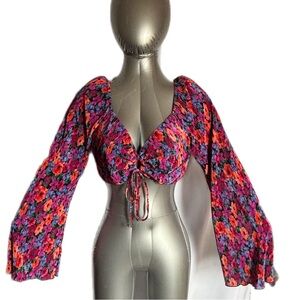 NWT Wild Fable Target Floral Tie Front Crop Top Women’s L Puff Bell Sleeve NEW